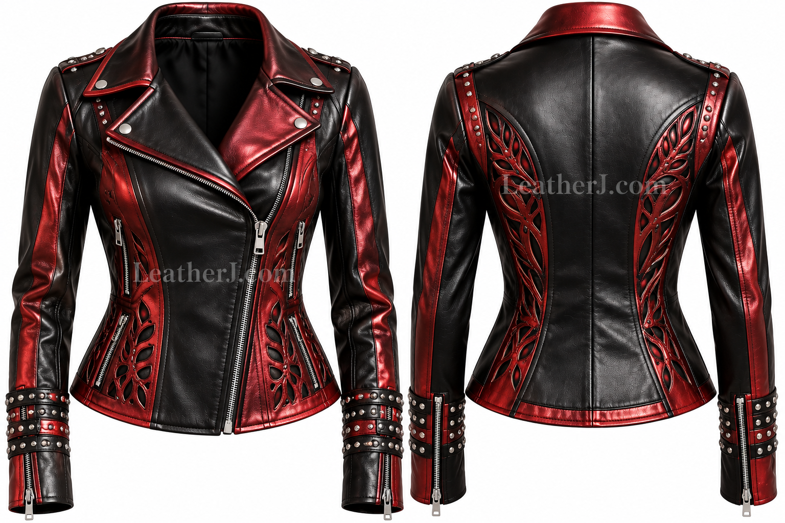 Women’s Black & Red Shimmer Leather Studded Cutwork Jacket