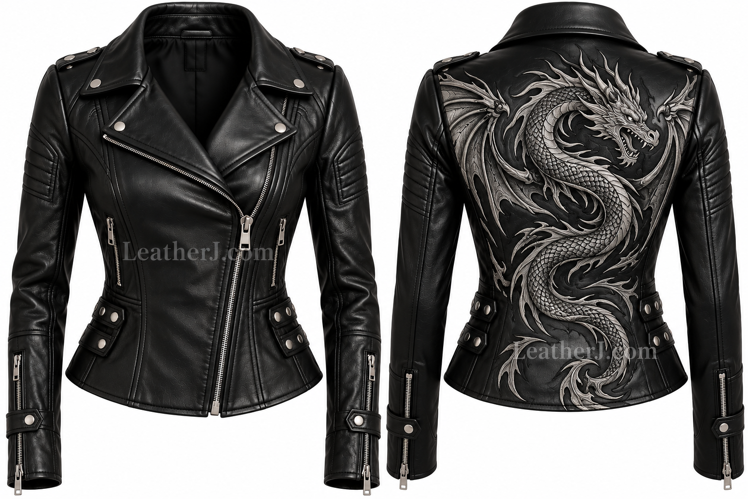 Women’s Black Leather Dragon Print Biker Jacket