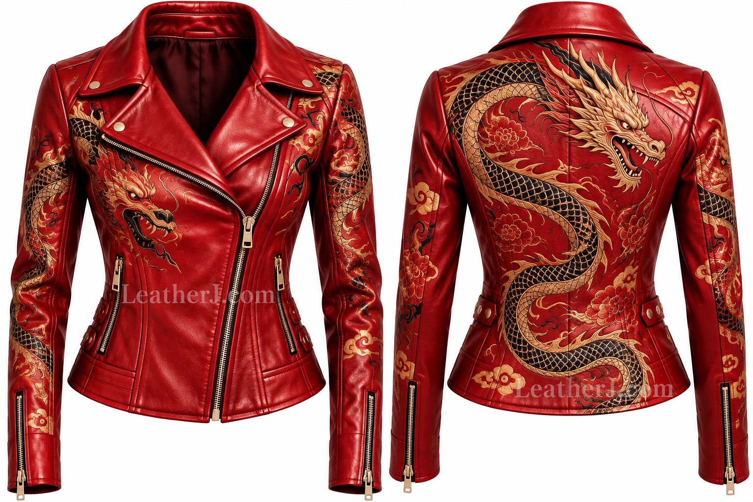Women’s Red Leather Chinese Dragon Print Jacket