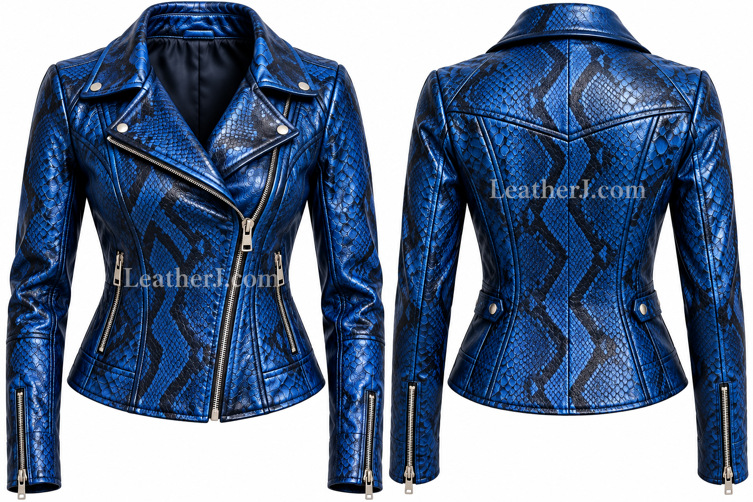 Women’s Blue Snakeskin Print Leather Biker Jacket