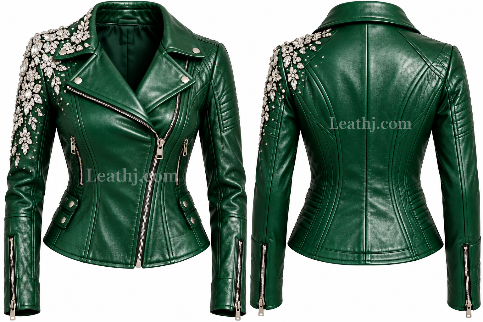 Women’s Green Leather Jacket with White Stone Shoulder Embellishment