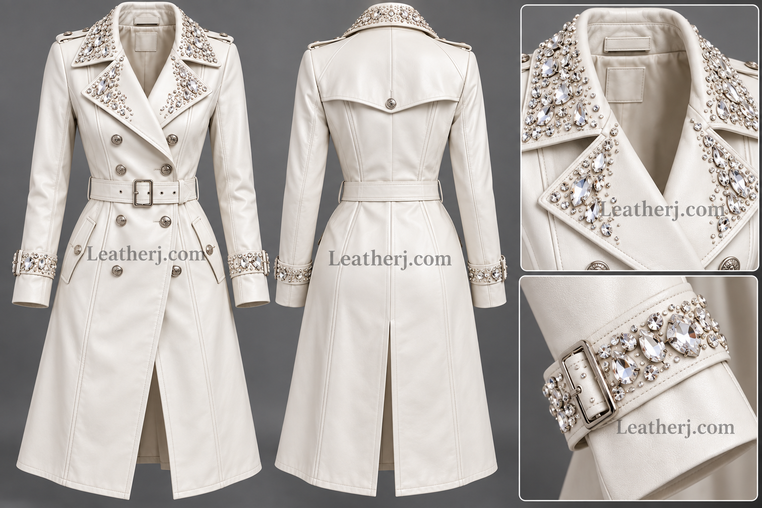 Women’s White Leather Trench Coat with Crystal Embellished Collar & Cuffs