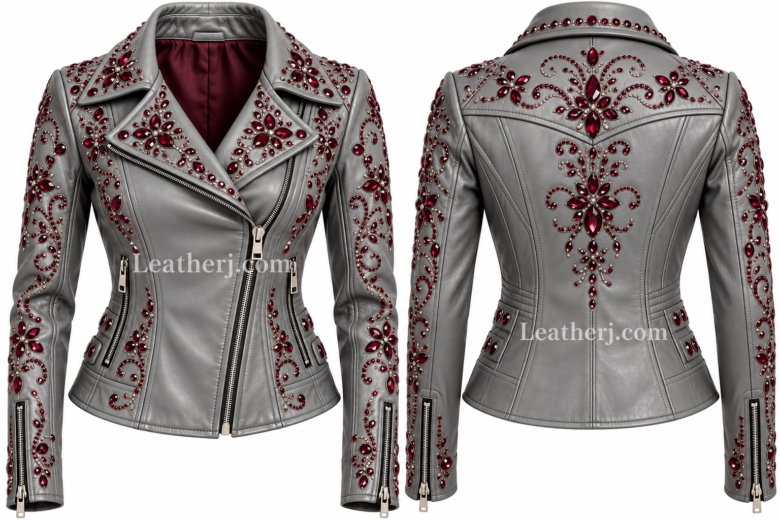 Women’s Grey Leather Jacket with Maroon Stone Embellishments
