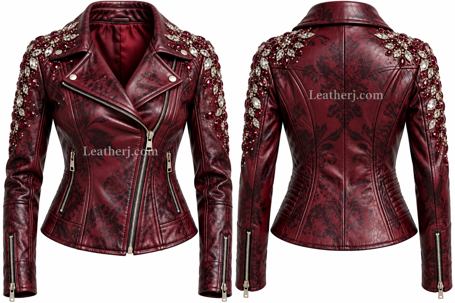 Women’s Maroon Printed Leather Jacket with Shoulder Stone Embellishments