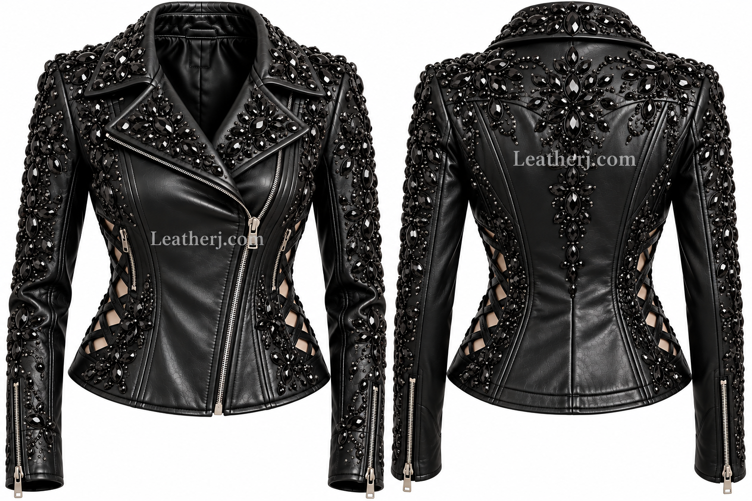 Women’s Black Leather Jacket with Black Stone Embellishments & Waist Cutwork