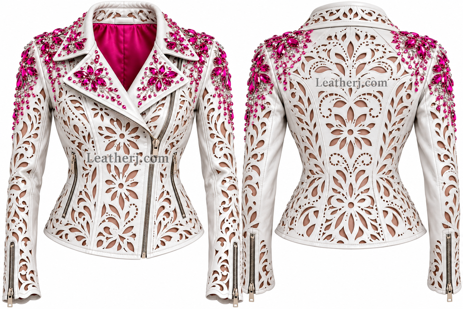 Women’s White Leather Cutwork Jacket with Hot Pink Stone Embellishments