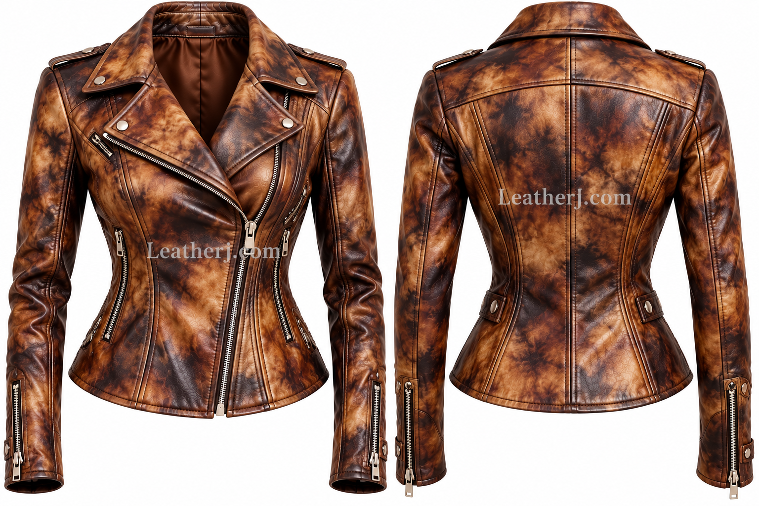 Women’s Brown Tie-Dye Leather Moto Jacket