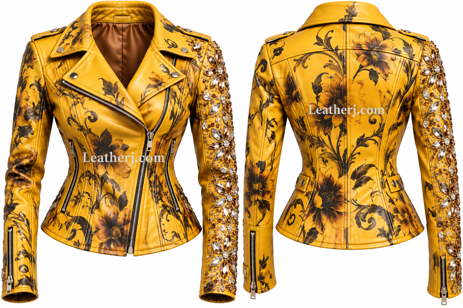 Women’s Yellow Floral Printed Leather Jacket with Embellished Sleeve
