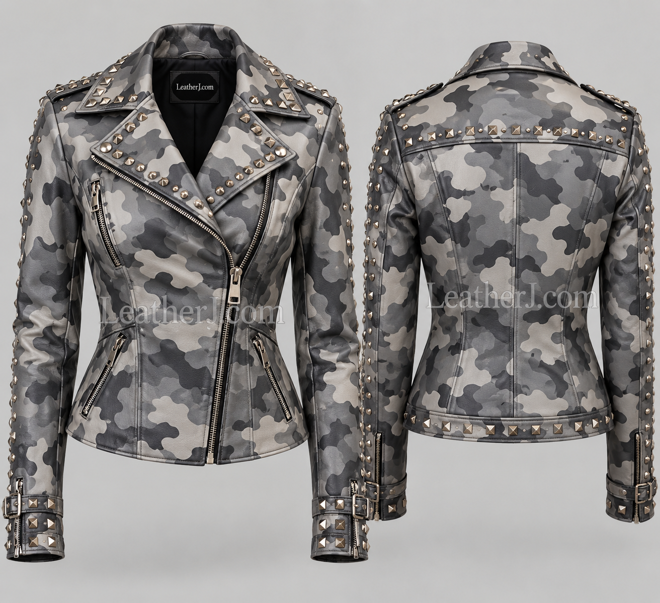 Women’s Grey Camouflage Studded Leather Biker Jacket